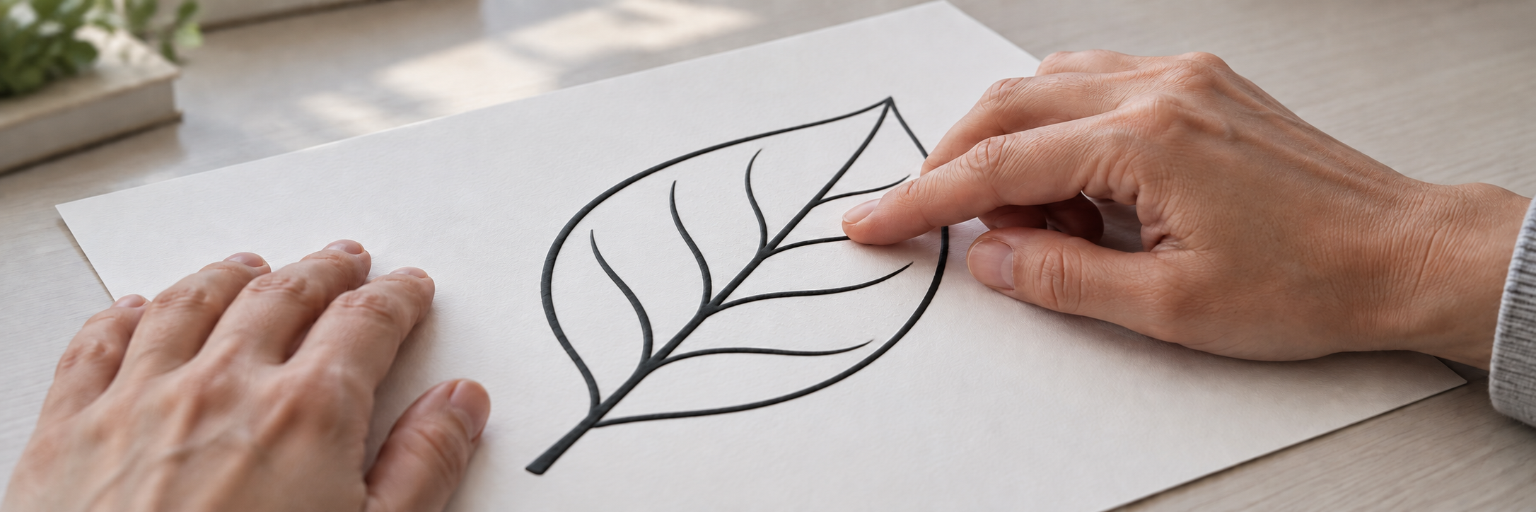 Hands exploring a raised black leaf graphic on white swell paper